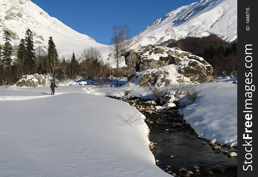 Winter hiking in Caucasus mountains
