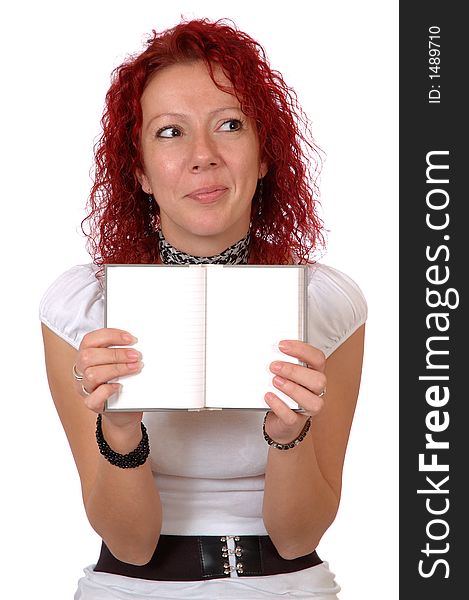 Quizzical woman and notebook with copyspace, isolated on white background. Quizzical woman and notebook with copyspace, isolated on white background.