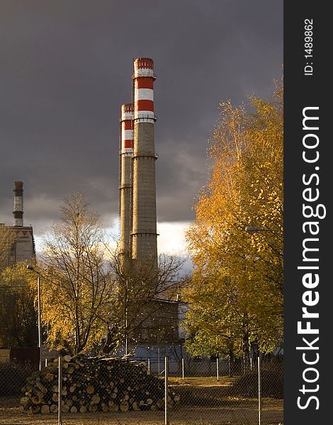 Power station factory two chimney