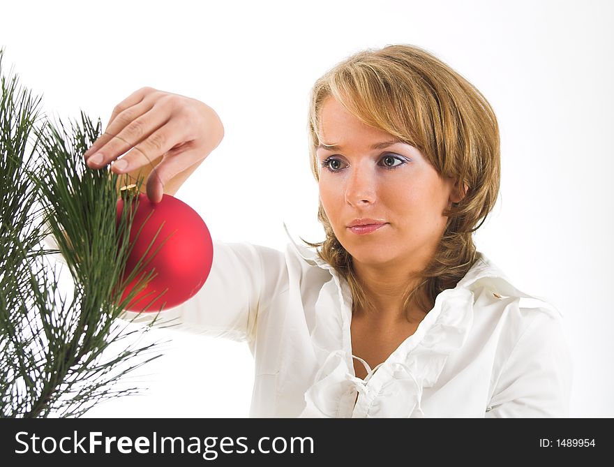 Women and christmas decorations on white. Women and christmas decorations on white