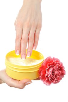 Beautiful Hands With Nail French Manicure, Cream Stock Image