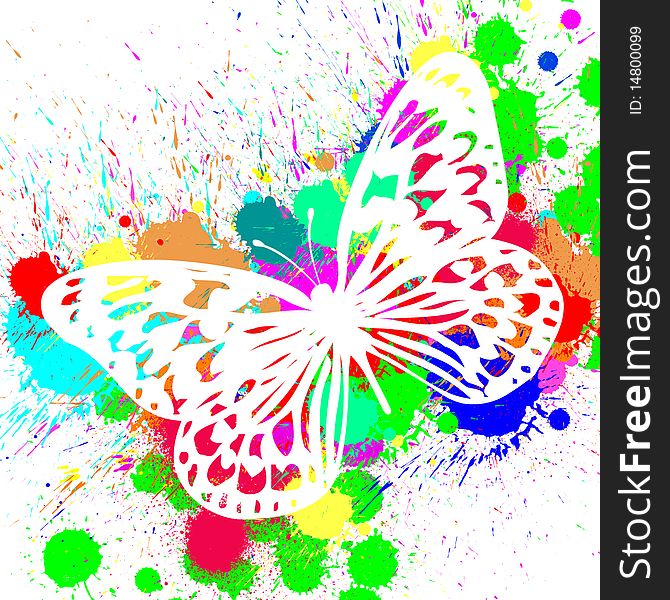 Butterfly from color splashes on a white background