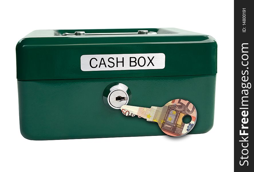 Cash box and a key wrapped with a euro note