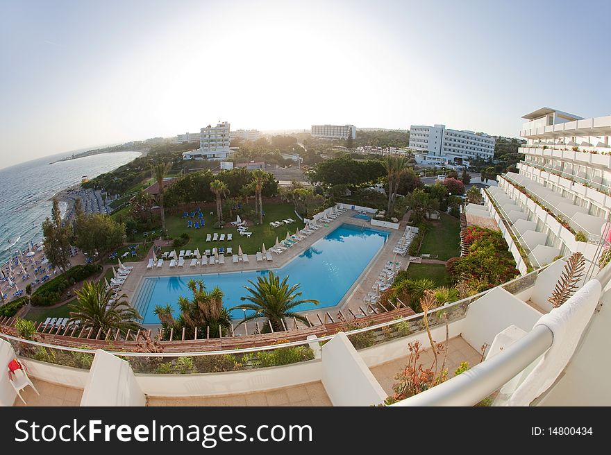 Luxury hotel with pool. Kind from a balcony