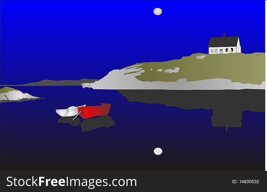 Two dories, a house on the peninsula, looking out into the cove, on a full moon night. Two dories, a house on the peninsula, looking out into the cove, on a full moon night.