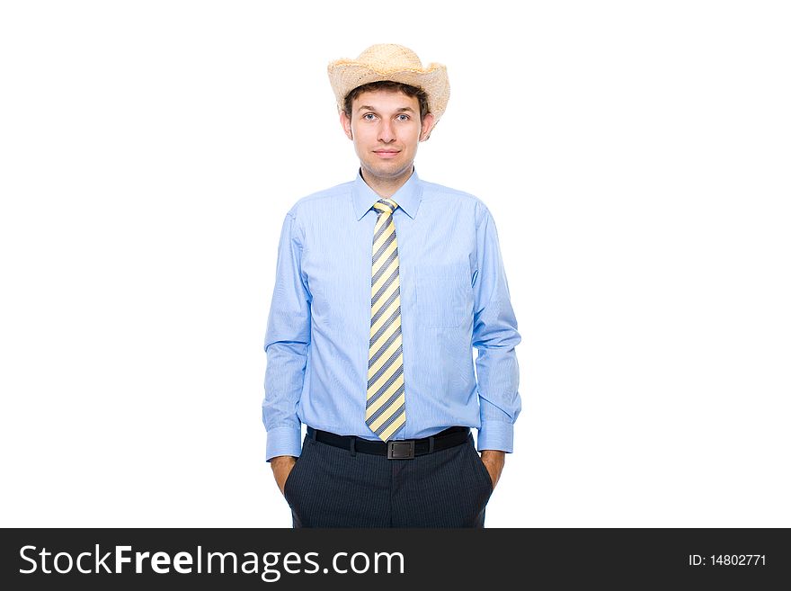 Businessman Wears Summer Hat, Isolated On White