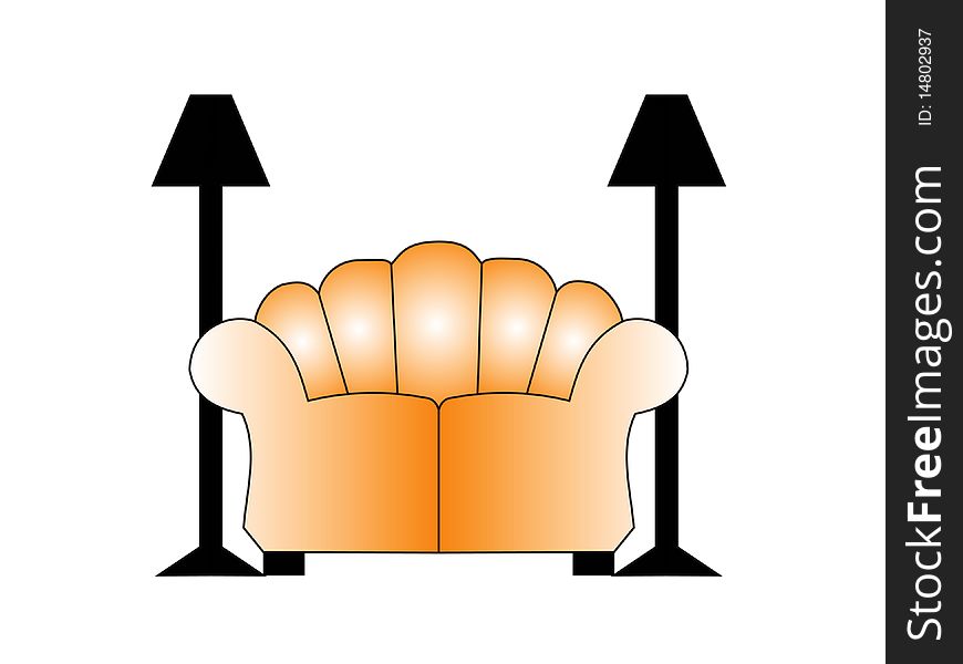 Sofa with two lamps on each side. Illustration on white background