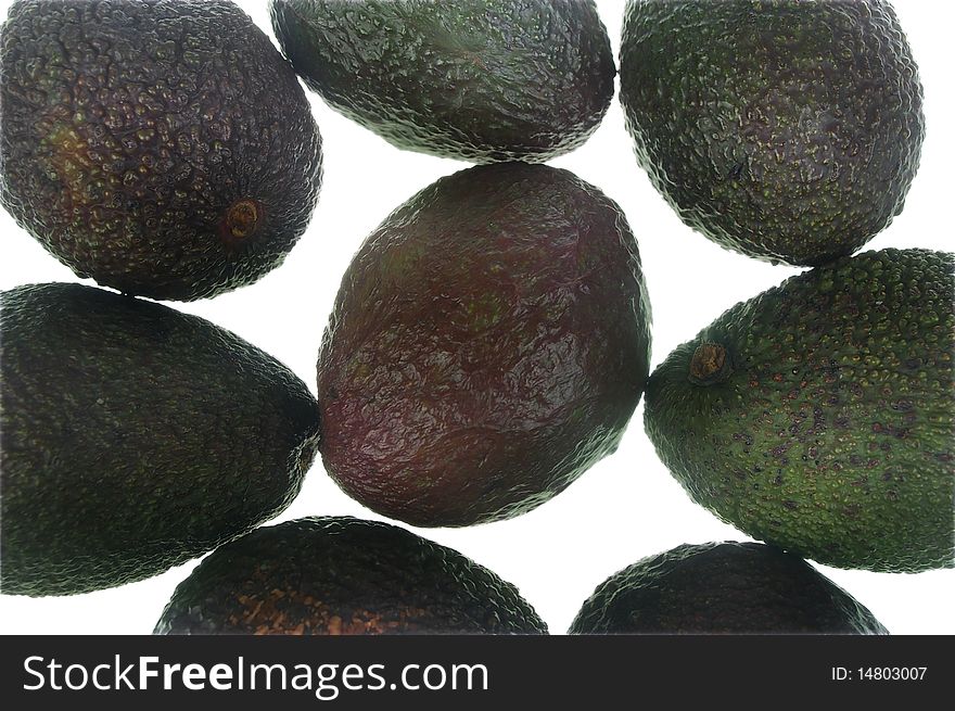 Whole avocado black skin variety over white isolated