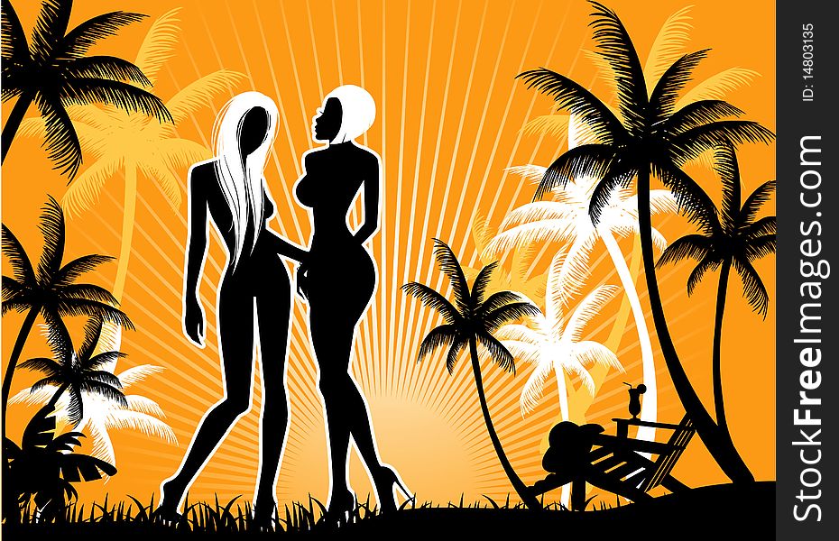 Vector illustration of Summer backgraund with womens silhouette