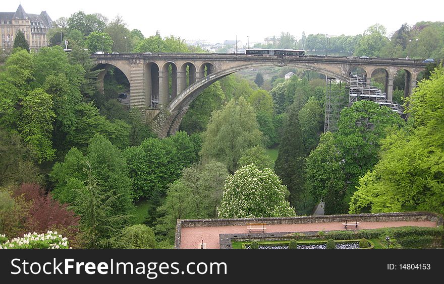 An amazing panorama opening to the old beautiful bridge in Luxembourg. An amazing panorama opening to the old beautiful bridge in Luxembourg