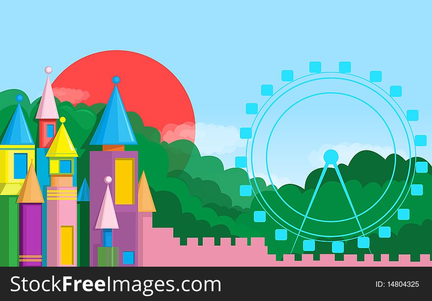 Playground in the castle and the tall colorful Ferris wheel