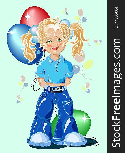 Little girl with ballon on the blue background. Little girl with ballon on the blue background