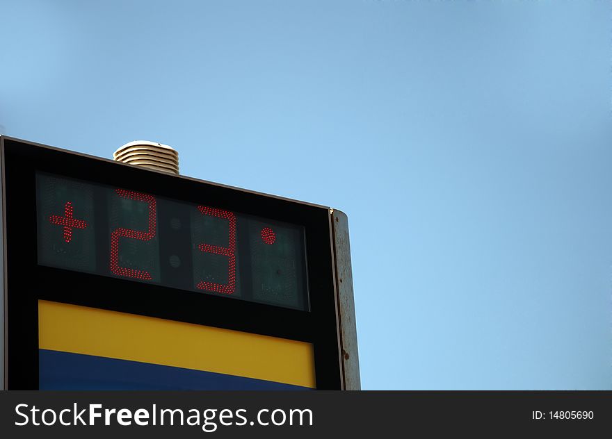 Temperature indicator board on background of blue sky. Typical temperature for Canary Islands.