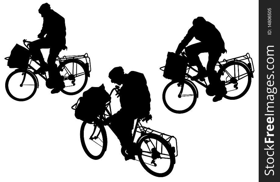 Drawing silhouette of a postman cyclist in motion. Silhouette on white background