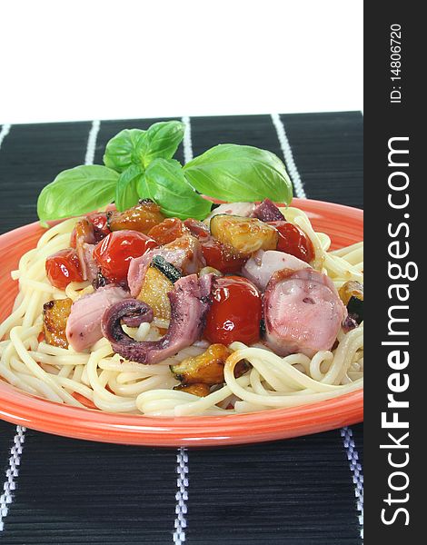Pasta with seafood and grilled Mediterranean vegetables. Pasta with seafood and grilled Mediterranean vegetables
