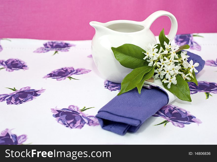 Romantic breakfast on colored background and contrasting. Romantic breakfast on colored background and contrasting