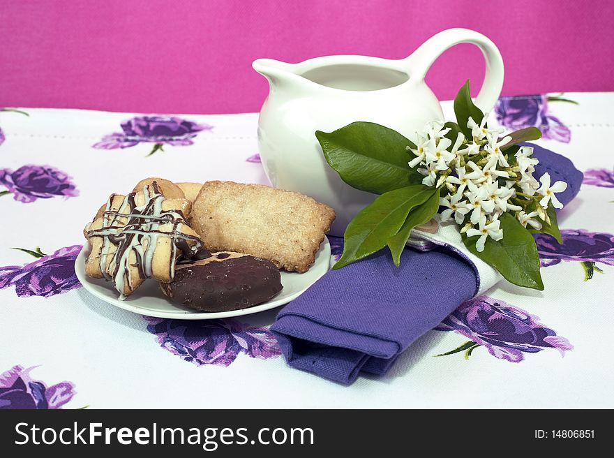 Romantic breakfast on colored background and contrasting. Romantic breakfast on colored background and contrasting