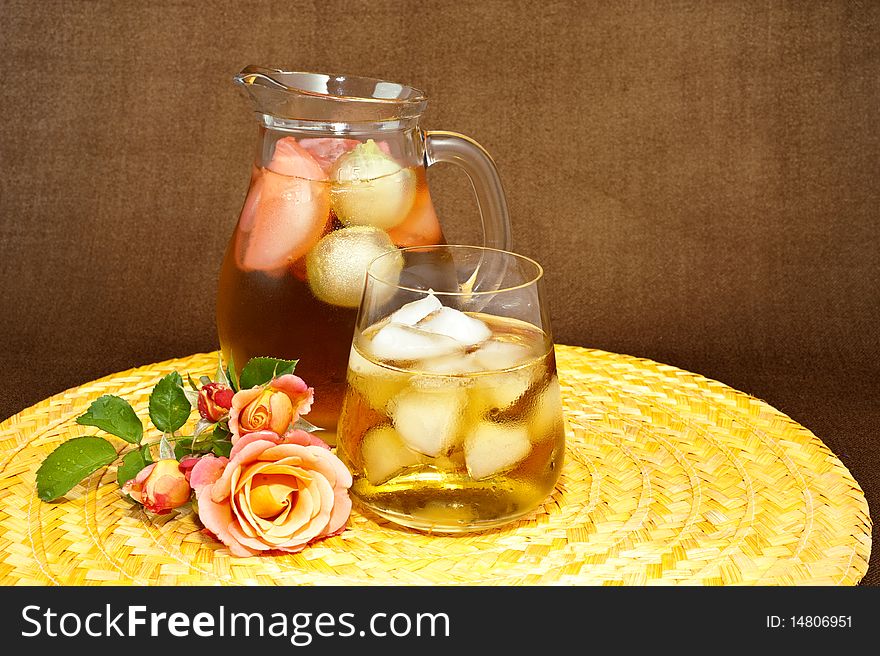 Drink with ice on colored background and contrasting. Drink with ice on colored background and contrasting