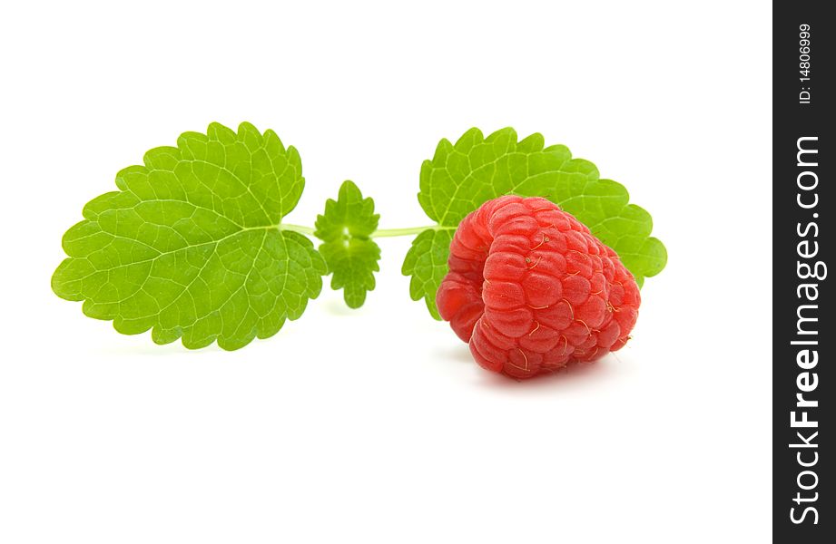 Raspberry with green leaves on white background