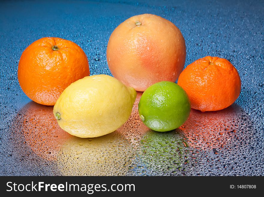 Arrangement of lemon, lime, tangerine, orange and grapefruit fruit. Arrangement of lemon, lime, tangerine, orange and grapefruit fruit