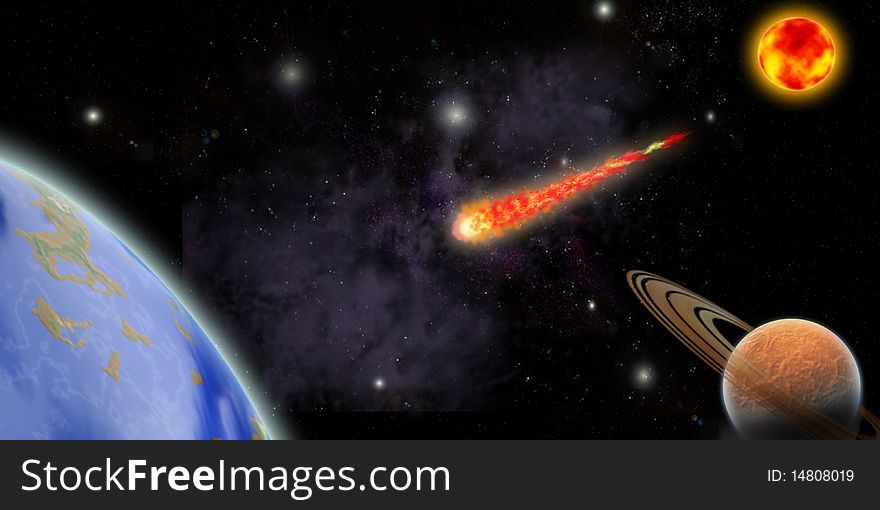 Planets of the solar system and flying comet. Planets of the solar system and flying comet