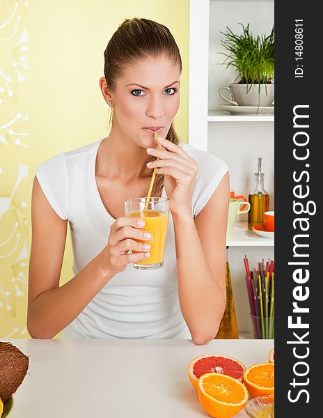 Beauty, young girl drinking orange juice at home