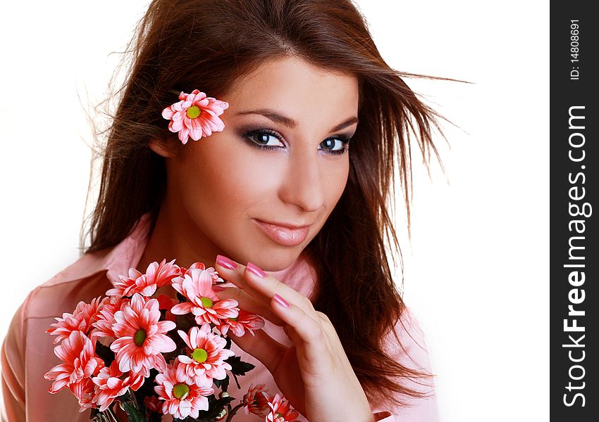 Young Beautiful Woman With Pink Flower