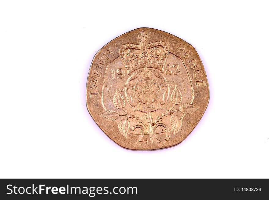 Twenty pence coin isolated on white background..