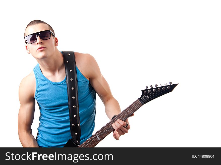 Guitar player playing his guitar over white back ground