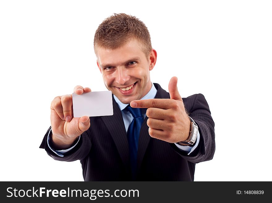 Businessman is showing blank card with copy space. Businessman is showing blank card with copy space