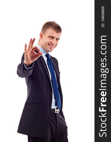 Handsome Businessman shot in studio isolated on white, making ok sign. Handsome Businessman shot in studio isolated on white, making ok sign