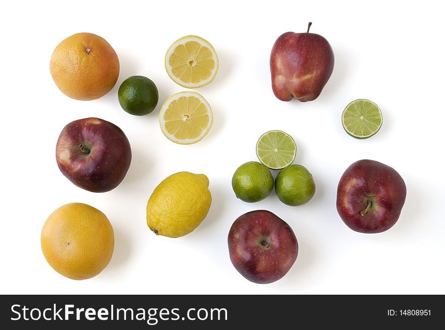Still life of fruits, apples, lemons, lime, oranges