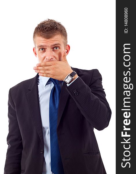 Business man making the speak no evil gesture over white