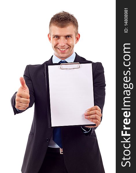 Businessman presenting a clipboard and giving the ok for it