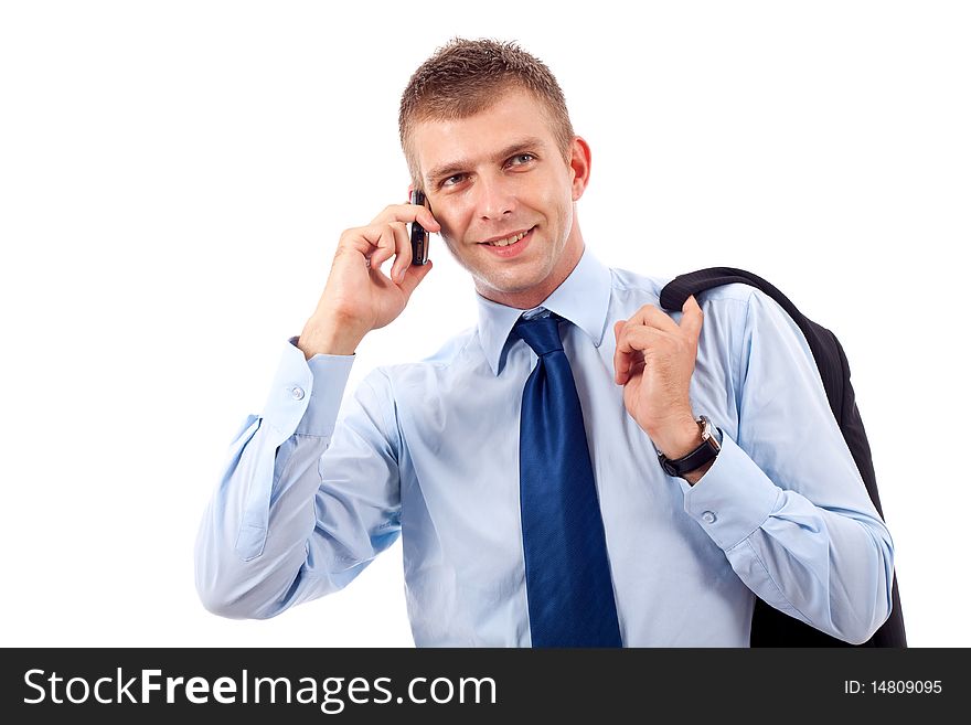 Young businessman with phone - isolated on white