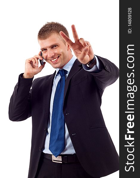 Man making victory sign