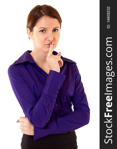 Portrait of young business woman with the finger near her lips. Portrait of young business woman with the finger near her lips