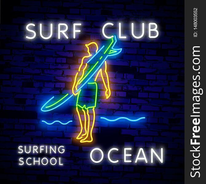 Surfing Poster in Neon Style. Glowing Sign for Surf Club or Shop. Surfboards Electric Icons on Brick Wall Background