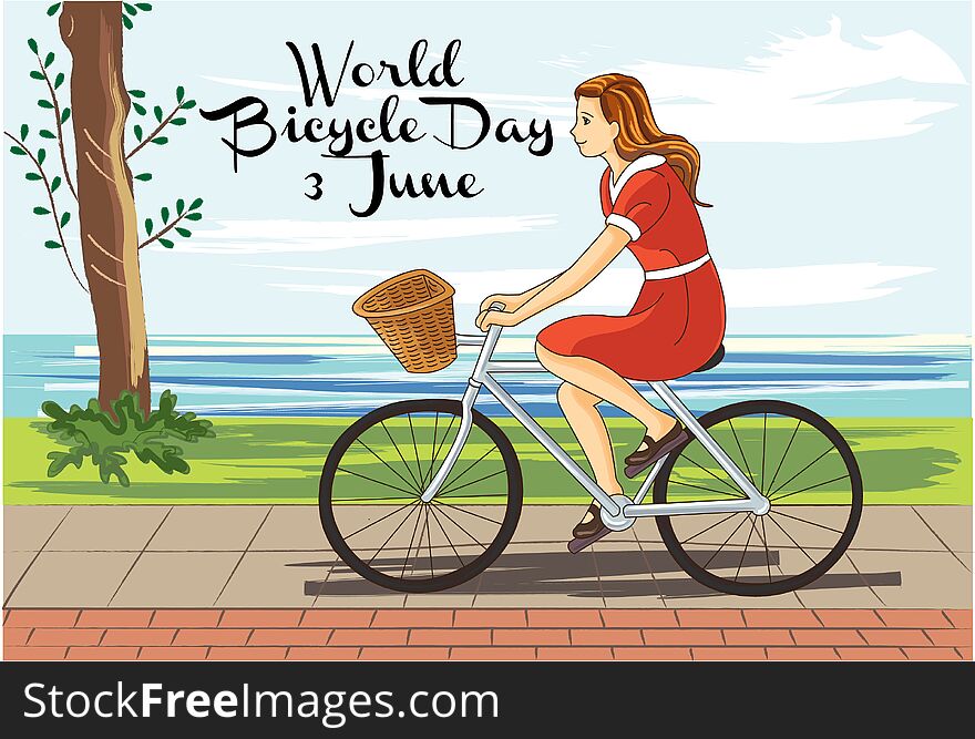 Vintage Girl at World Bicycle Day Graphic and Illustration