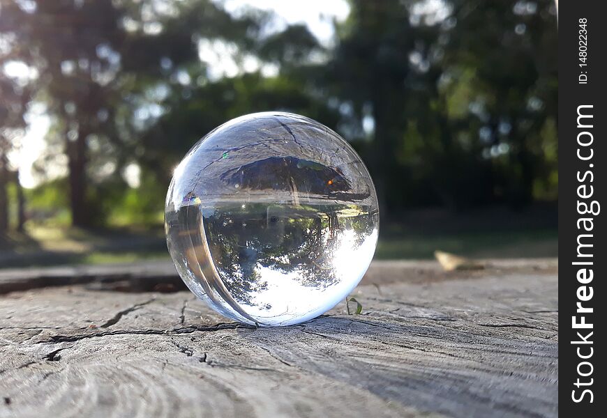 nature seen in a glass sphere, another perspective, beautiful inverted image