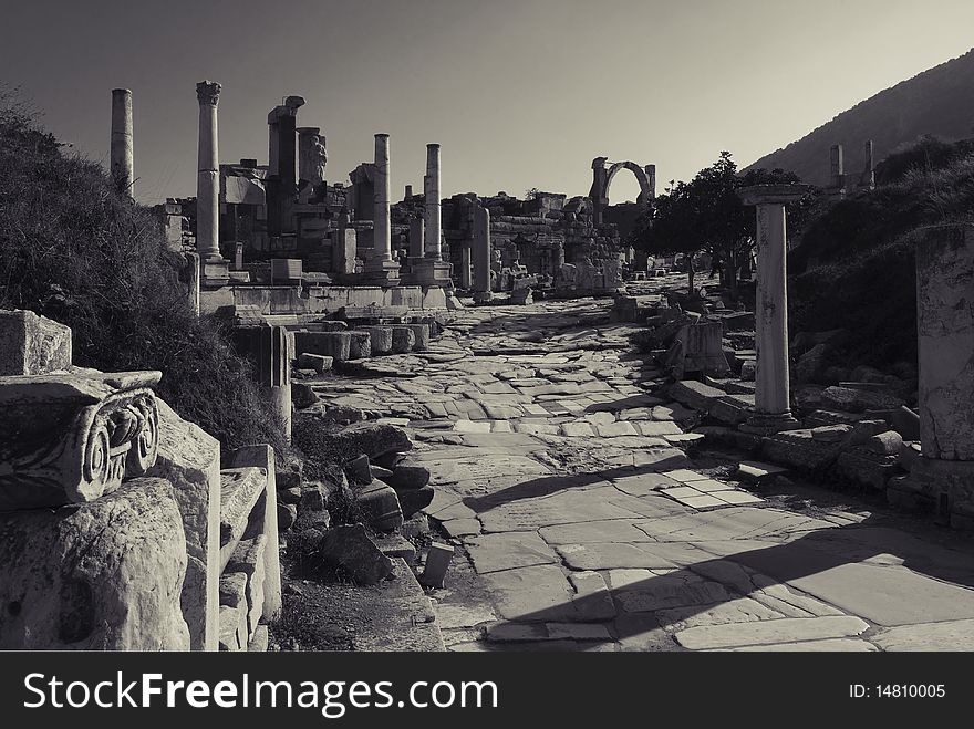 BW split toning photo of ruins of Ephesus, Turkey