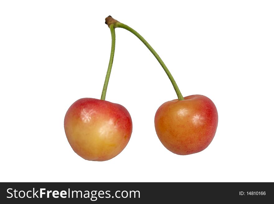 Two cherries on a white background