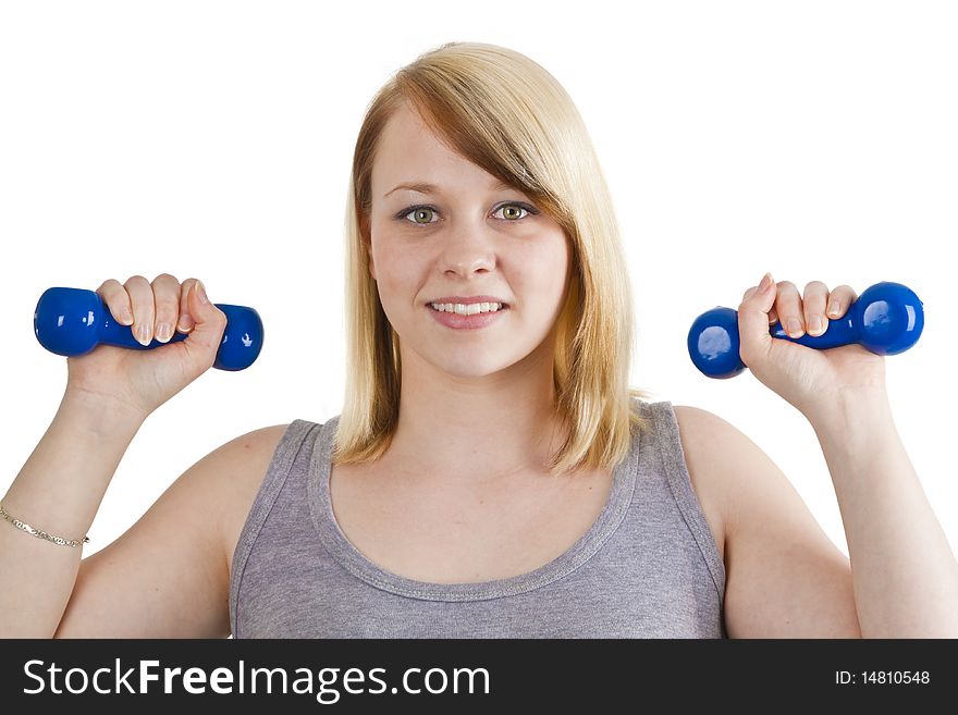 Young woman with dumbbell - isolated on white. Young woman with dumbbell - isolated on white