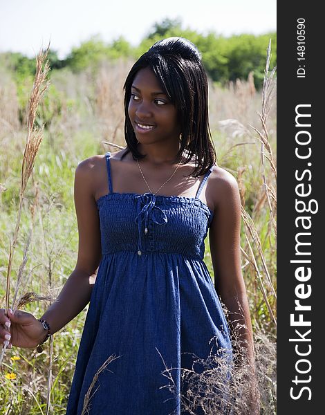 African American teen standing in a field looking away. Summer or Spring scene. African American teen standing in a field looking away. Summer or Spring scene.