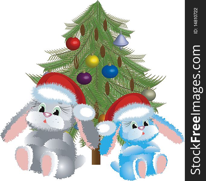 Two pretty Santa-hares sitting near fir-tree, isolated. Two pretty Santa-hares sitting near fir-tree, isolated