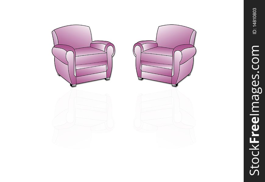 Two armchairs with reflections on a white background