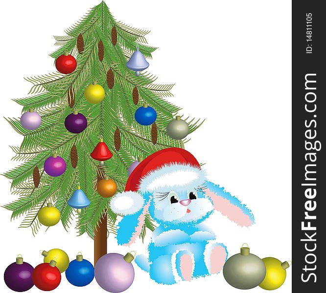 Santa rabbit near the fir-tree with glass balls. Santa rabbit near the fir-tree with glass balls.
