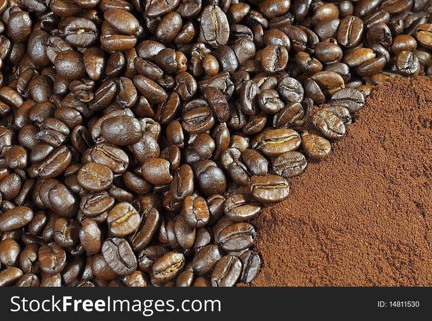An arrangement of coffee beans on a coffee background. An arrangement of coffee beans on a coffee background.