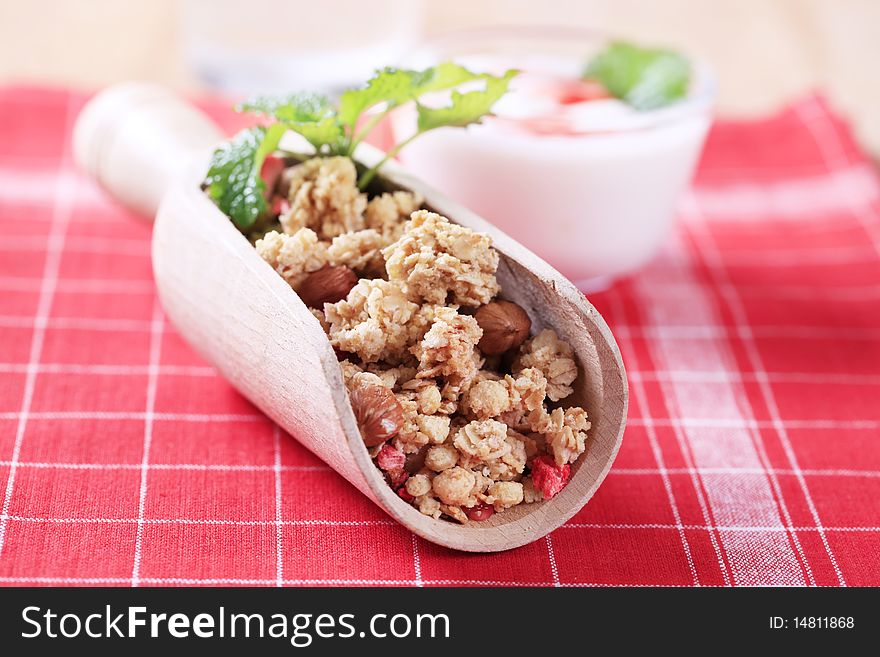 Scoop of granola, bowl of yogurt in the background. Scoop of granola, bowl of yogurt in the background