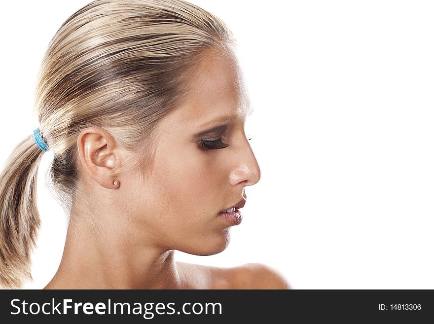 Headshot of a beautiful blond women on a white background. Headshot of a beautiful blond women on a white background